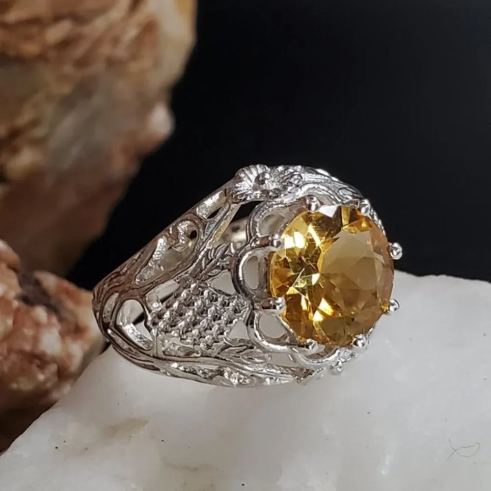Sterling 925 Silver Ring Natural Citrine Gem Luxury Gift for Woman